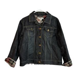 Coldwater Creek Blue Denim Jacked with Plaid Trim, Petite Large, Pre-owned